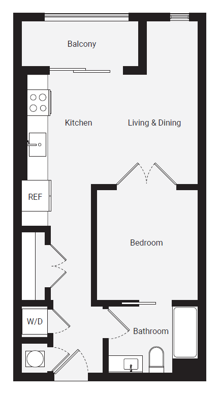 Floor plan for 1 bed, 1 bath, 553 sqft